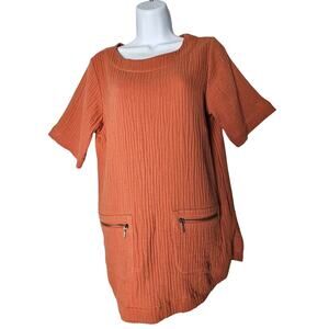 Soft Surroundings Rust Textured Tunic Top Short Sleeve Zip Pocket Cotton Blend S